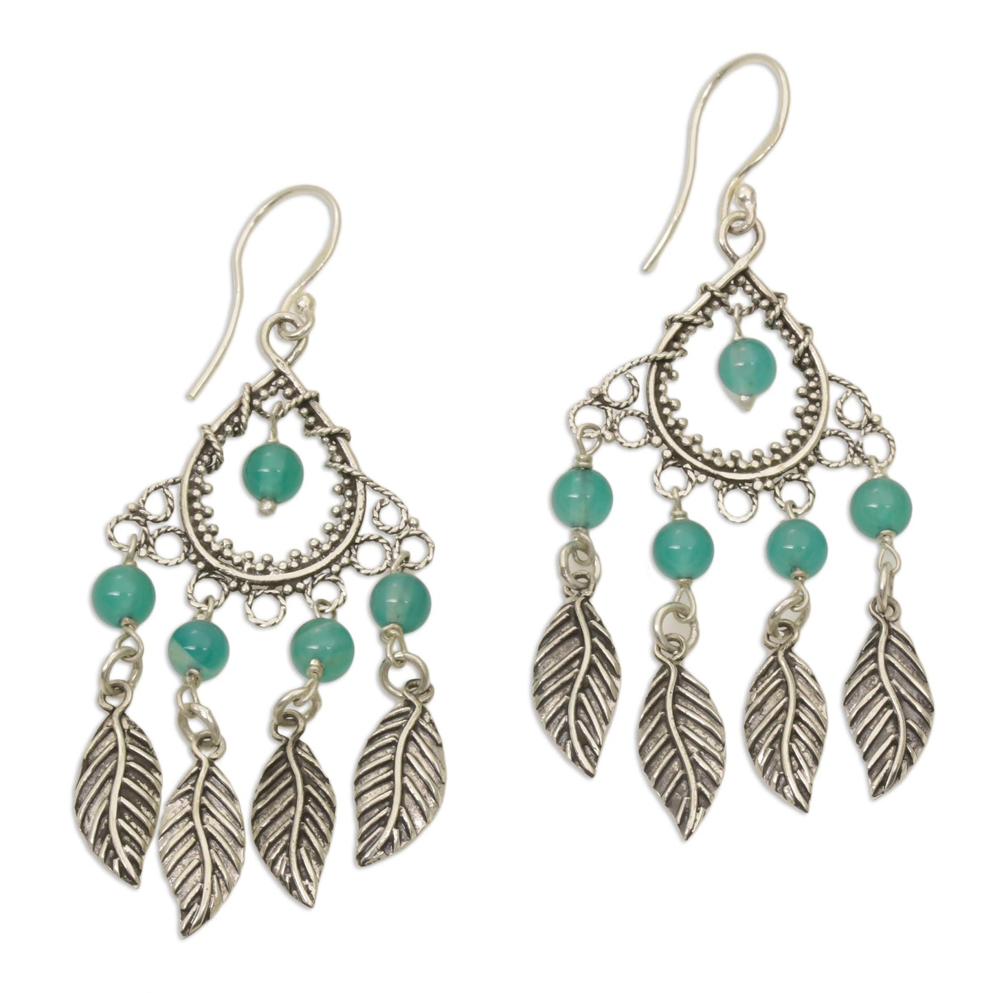 Garden Leaves Sterling Silver and Agate Leaf Chandelier Earrings from Bali