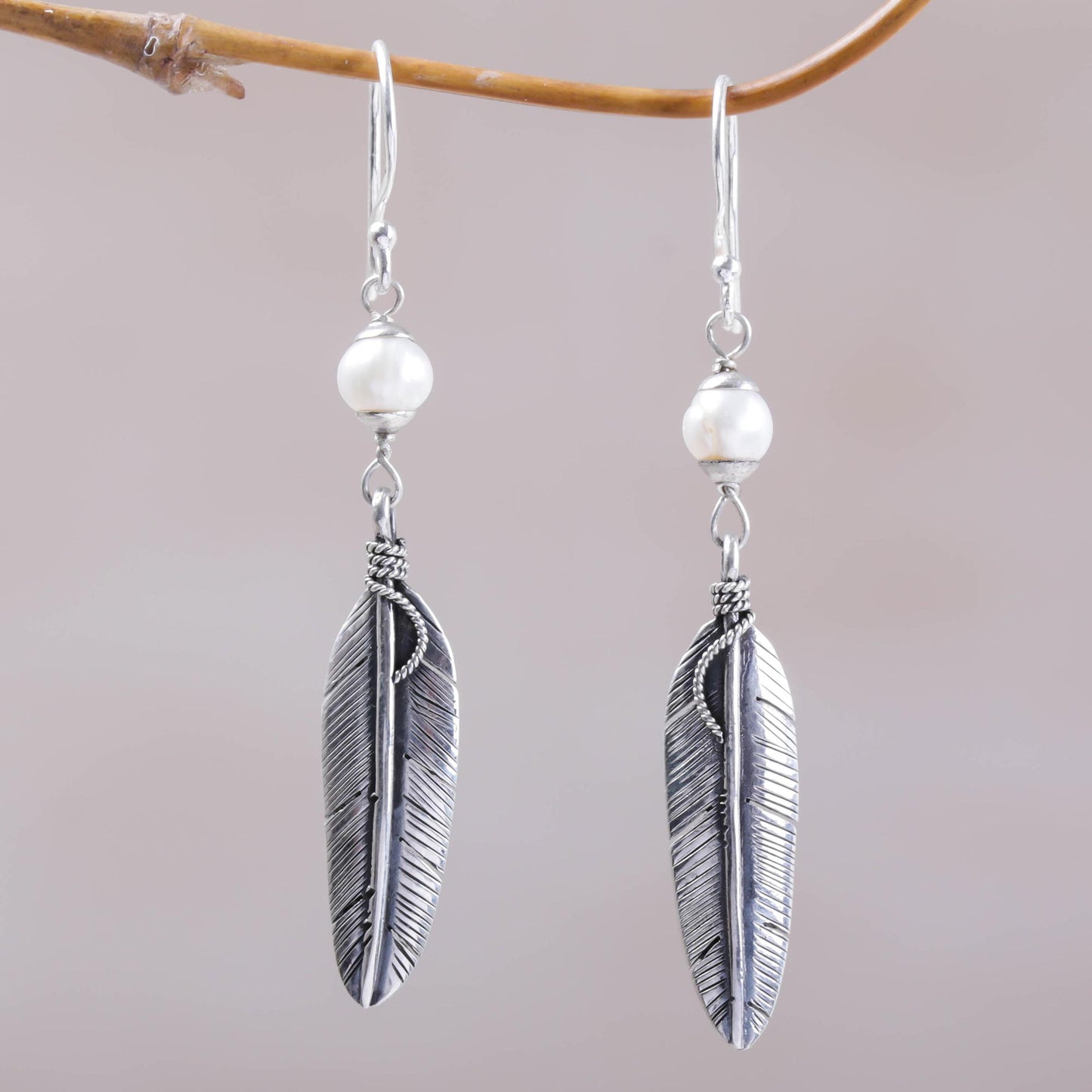 Light Feathers Sterling Silver and Cultured Pearl Balinese Feather Earrings