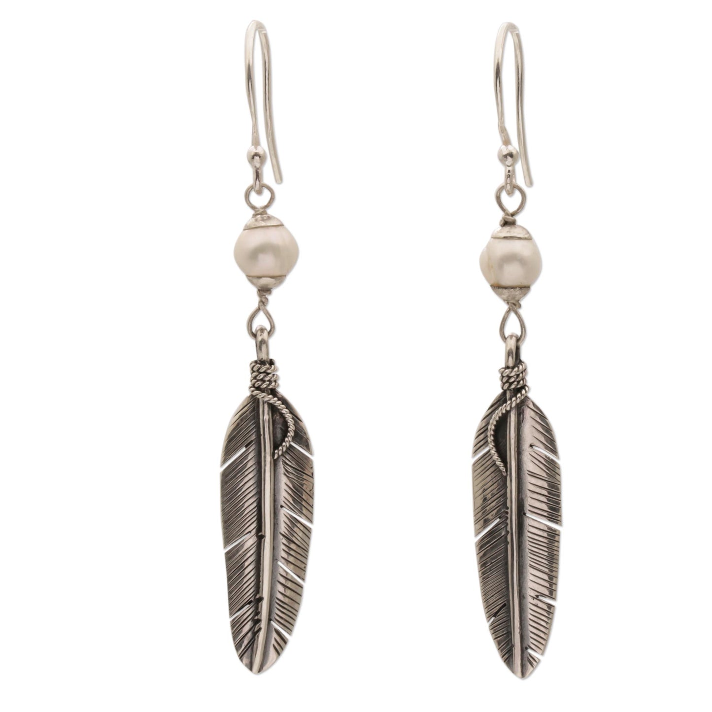 Light Feathers Sterling Silver and Cultured Pearl Balinese Feather Earrings