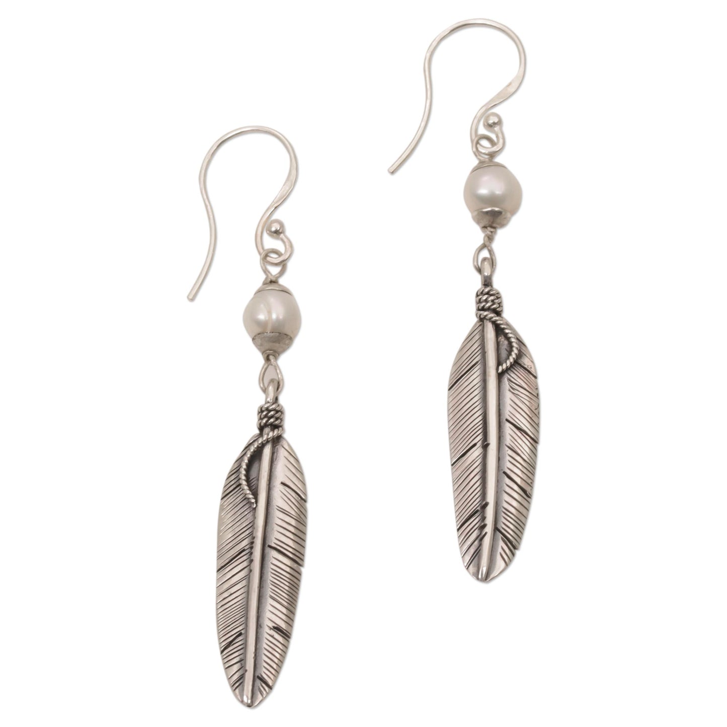 Light Feathers Sterling Silver and Cultured Pearl Balinese Feather Earrings