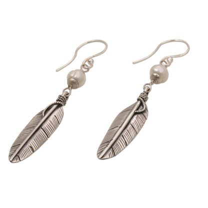 Light Feathers Sterling Silver and Cultured Pearl Balinese Feather Earrings