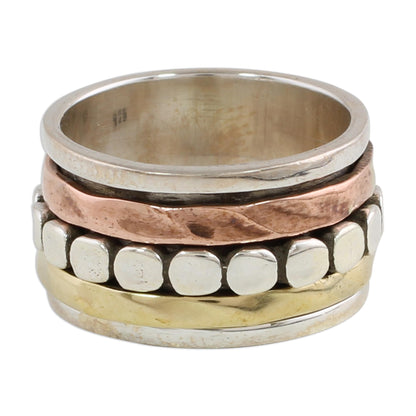 Paved Road Sterling Silver Copper and Brass Spinner Ring from India