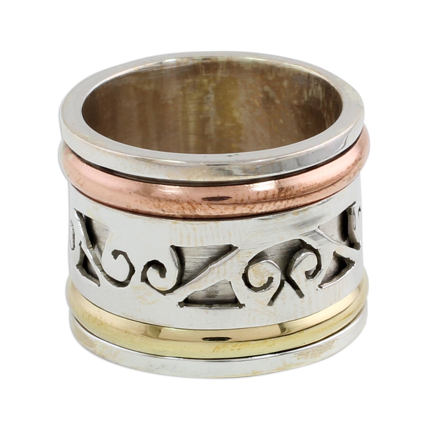 Spinning Clouds Sterling Silver Copper and Brass Indian Spiral Spinner Ring