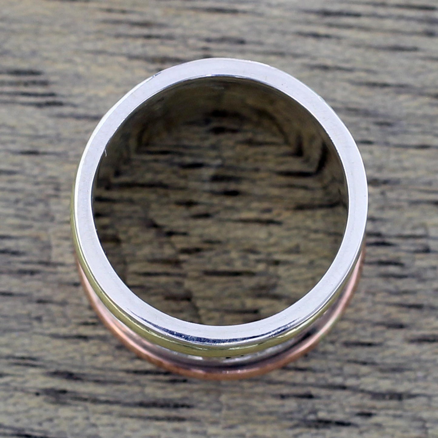 Spinning Clouds Sterling Silver Copper and Brass Indian Spiral Spinner Ring