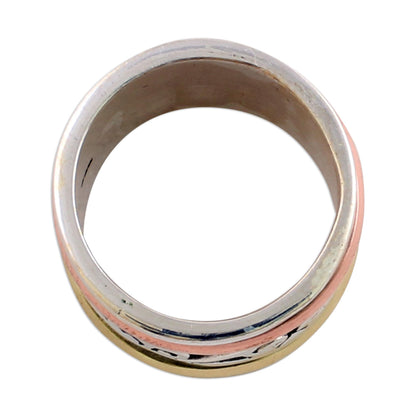 Spinning Clouds Sterling Silver Copper and Brass Indian Spiral Spinner Ring