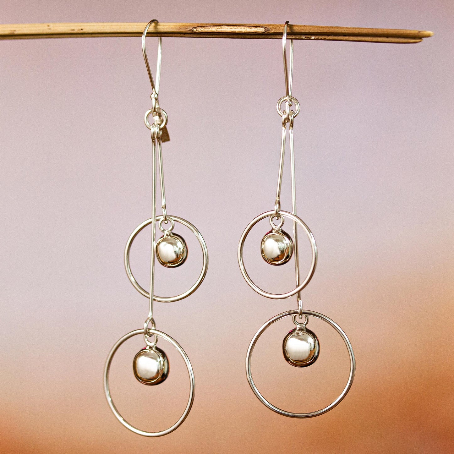 Satellite Spheres Sterling Silver Hoop Dangle Earrings by Mexican Artisans