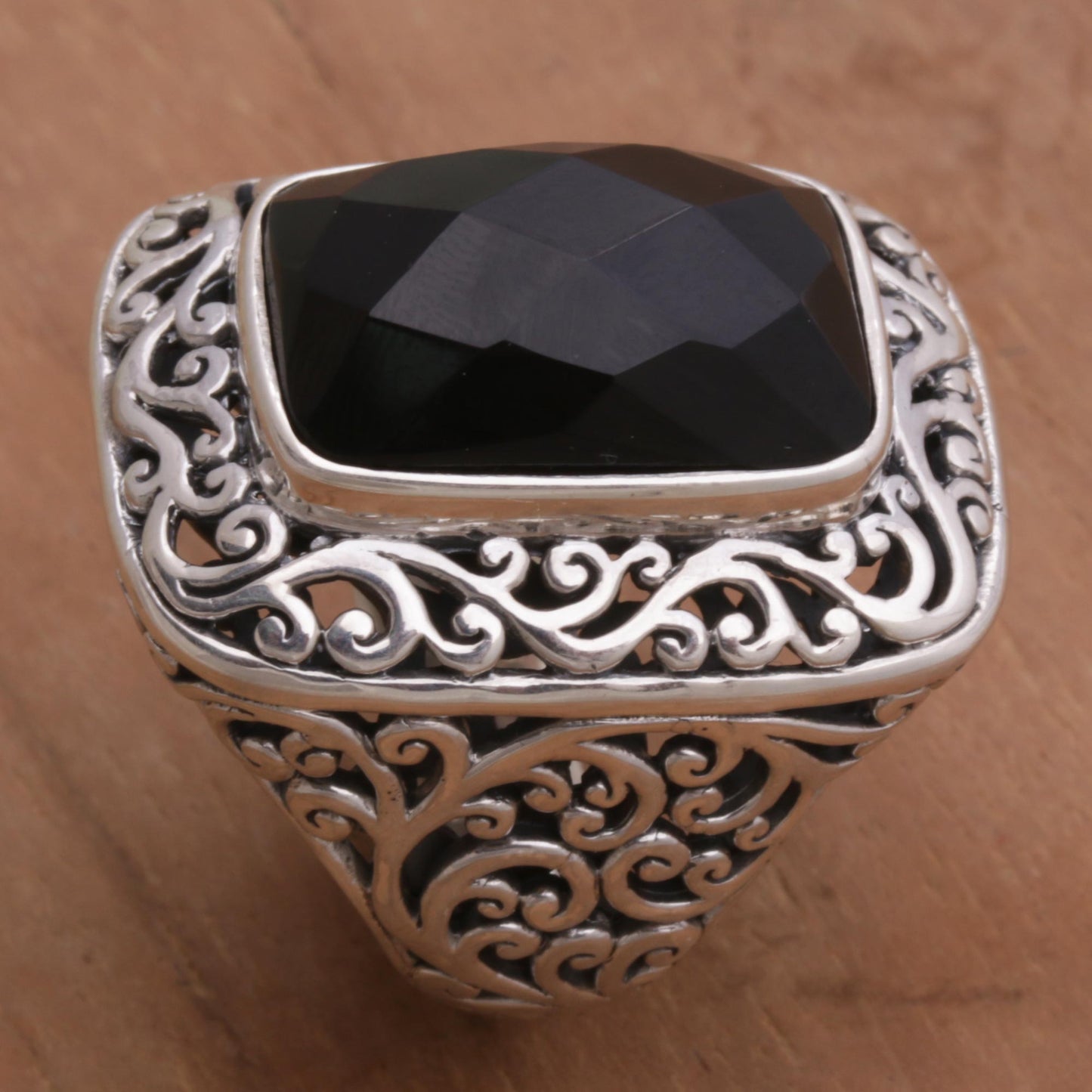 Spiraling Black Onyx Silver Cocktail Ring