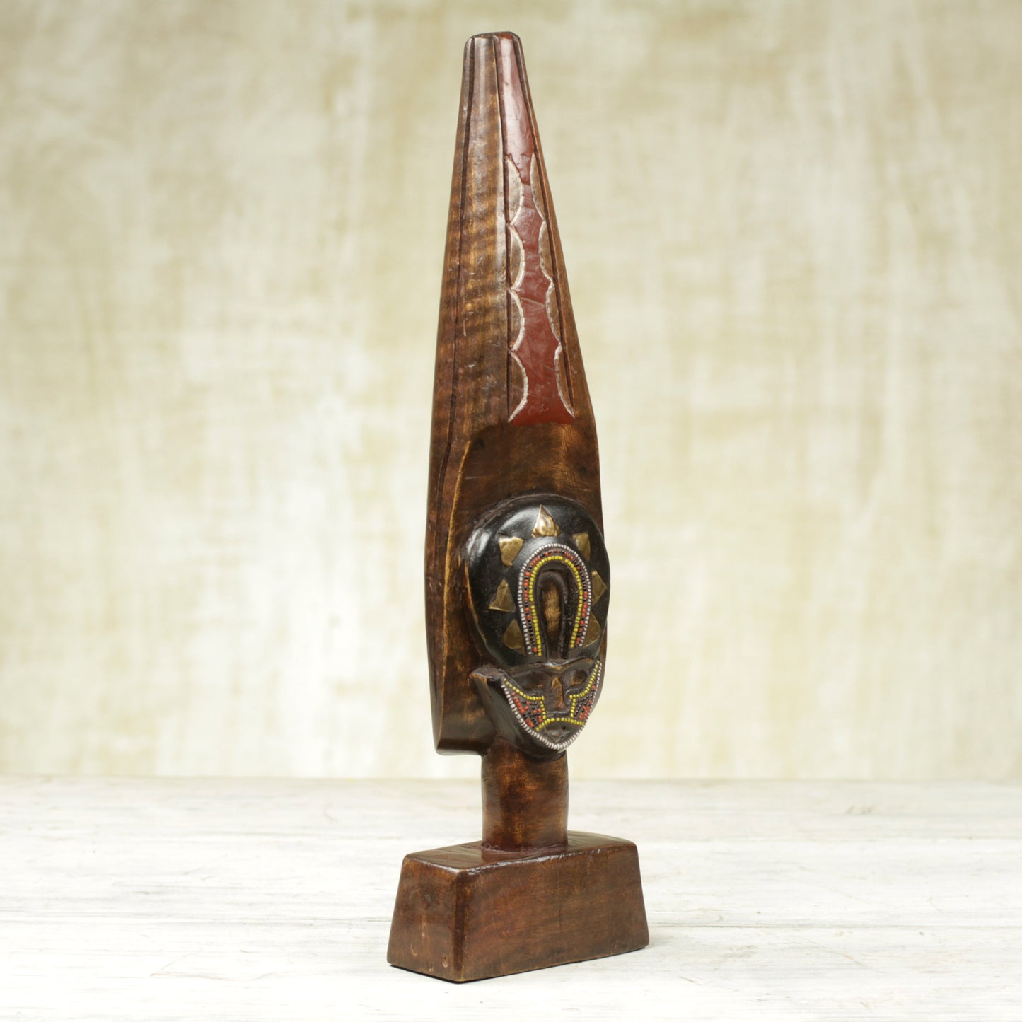 Ntiase Ghanaian Sese Wood Sculpture with Brass and Bead Accents