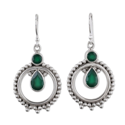 Regal Circles Green Onyx and Sterling Silver Dangle Earrings from India