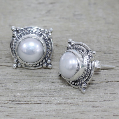 Morning Crowns Cultured Pearl and Sterling Silver Earrings from India