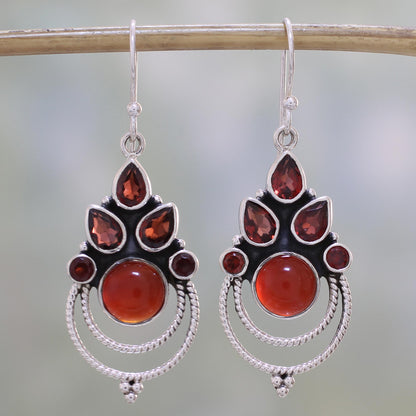 Radiant Harmony Garnet and Carnelian Dangle Earrings by Indian Artisans