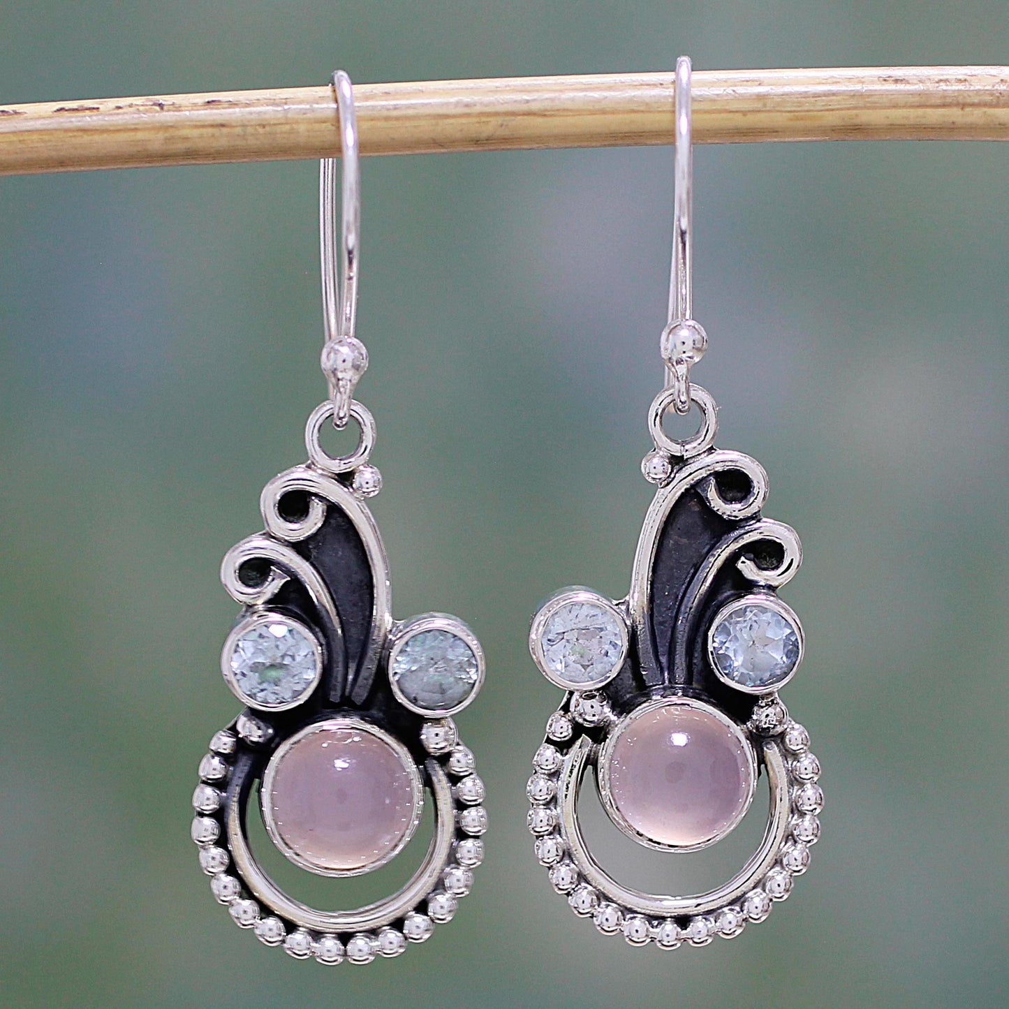 Spiral Burst Blue Topaz and Chalcedony Dangle Earrings by Indian Artisans