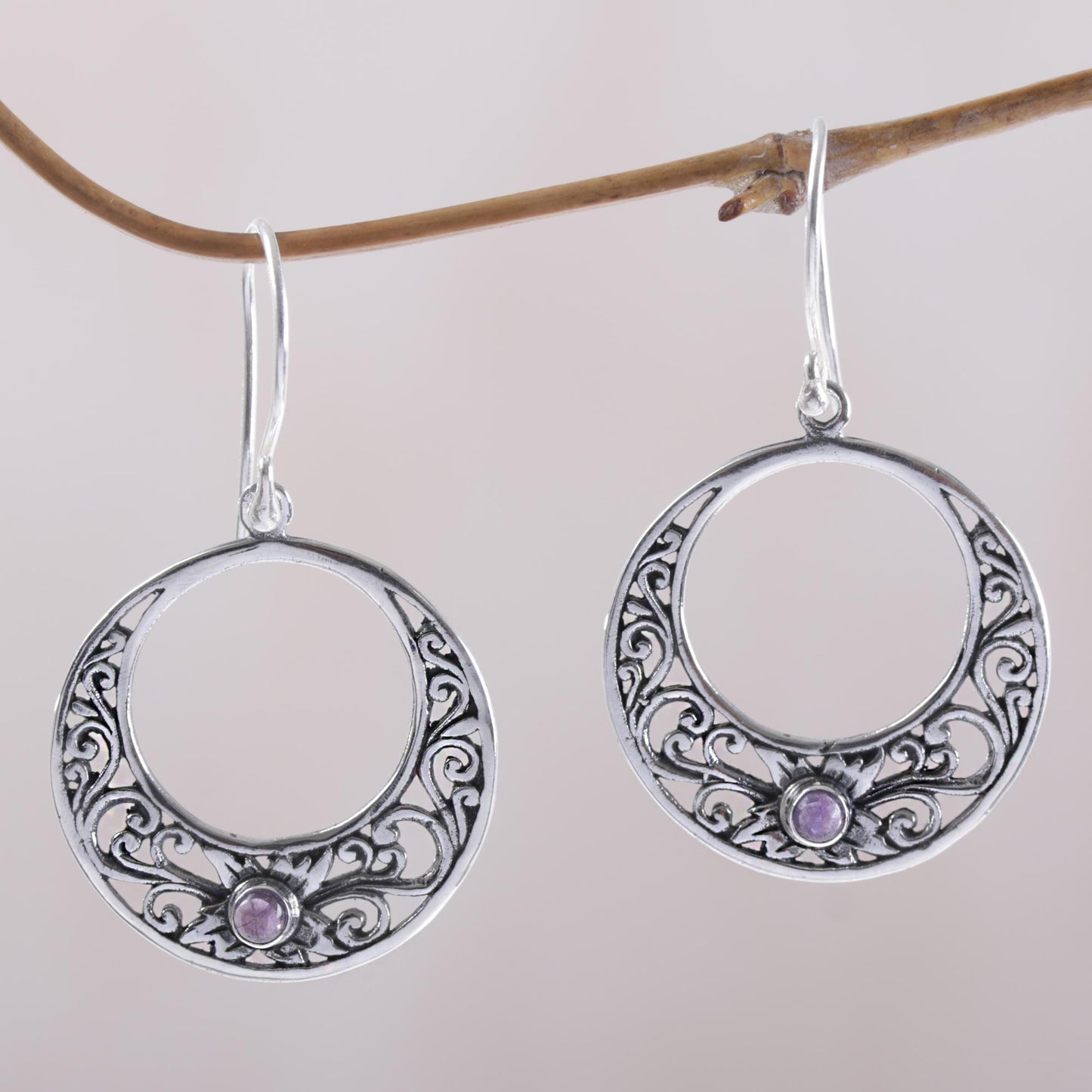 Crescent Spirals Amethyst and 925 Sterling Silver Dangle Earrings from Bali