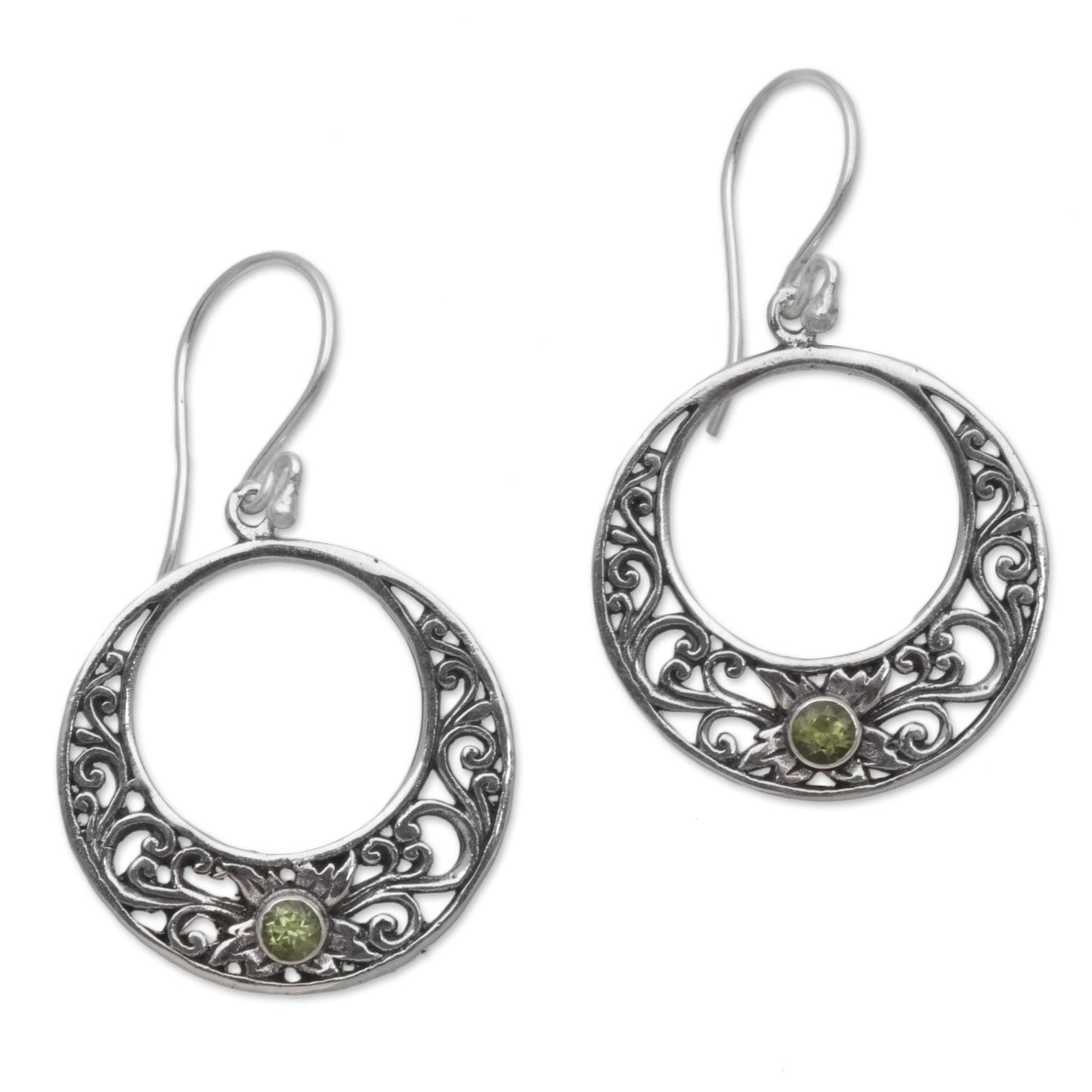 Crescent Spirals Peridot and 925 Sterling Silver Dangle Earrings from Bali