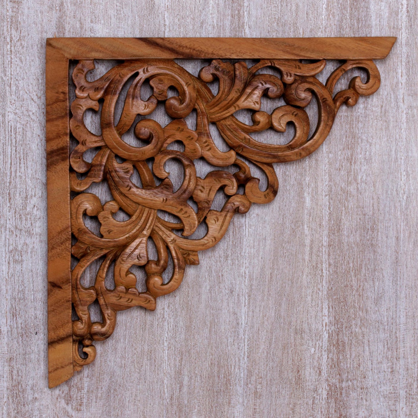 Forest Corner Hand Crafted Suar Wood Vine Motif Relief Panel from Bali