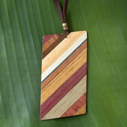 Distinguished Traveler Rectangular Wood Pendant Necklace by Brazilian Artisans