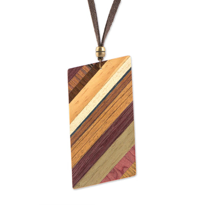 Distinguished Traveler Rectangular Wood Pendant Necklace by Brazilian Artisans