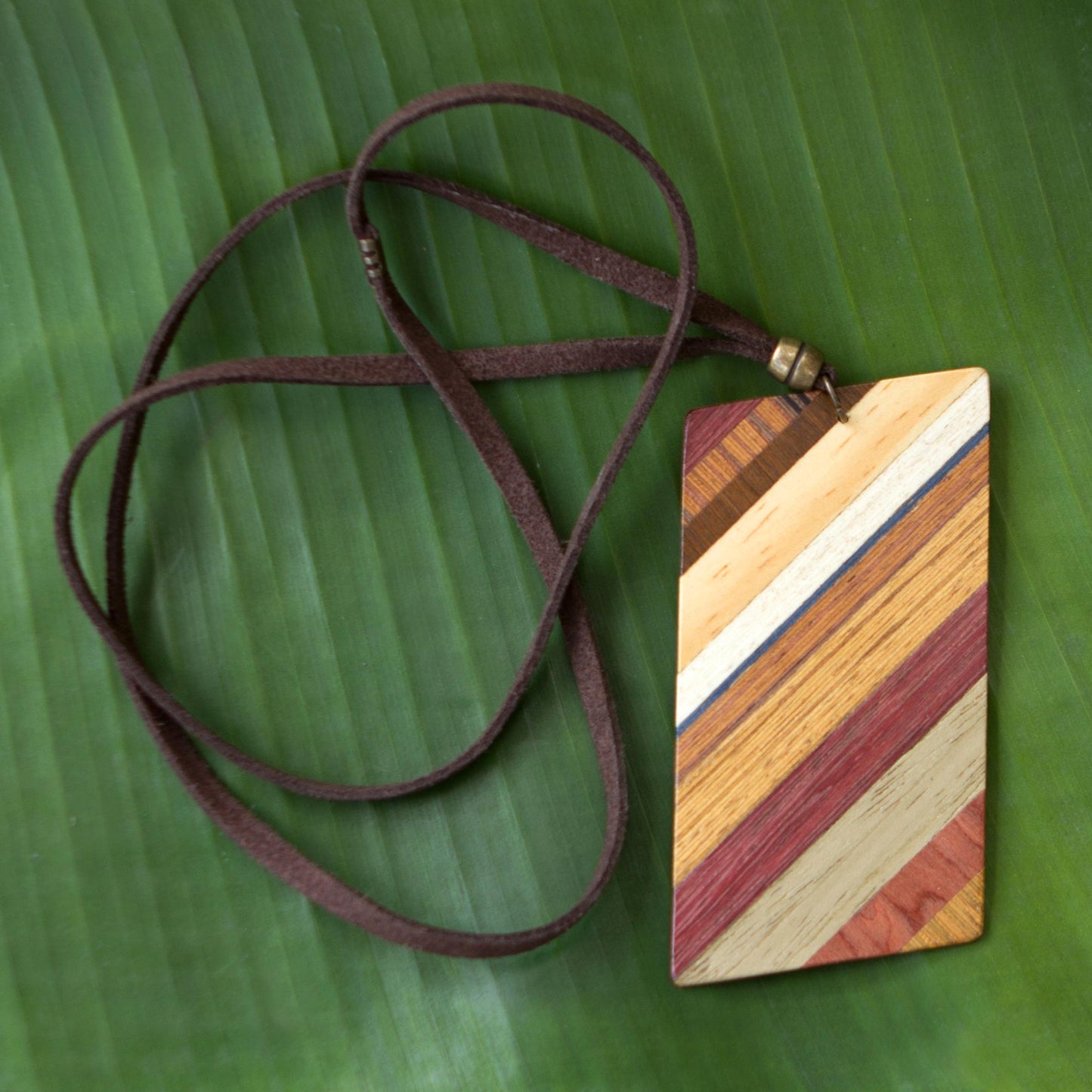 Distinguished Traveler Rectangular Wood Pendant Necklace by Brazilian Artisans