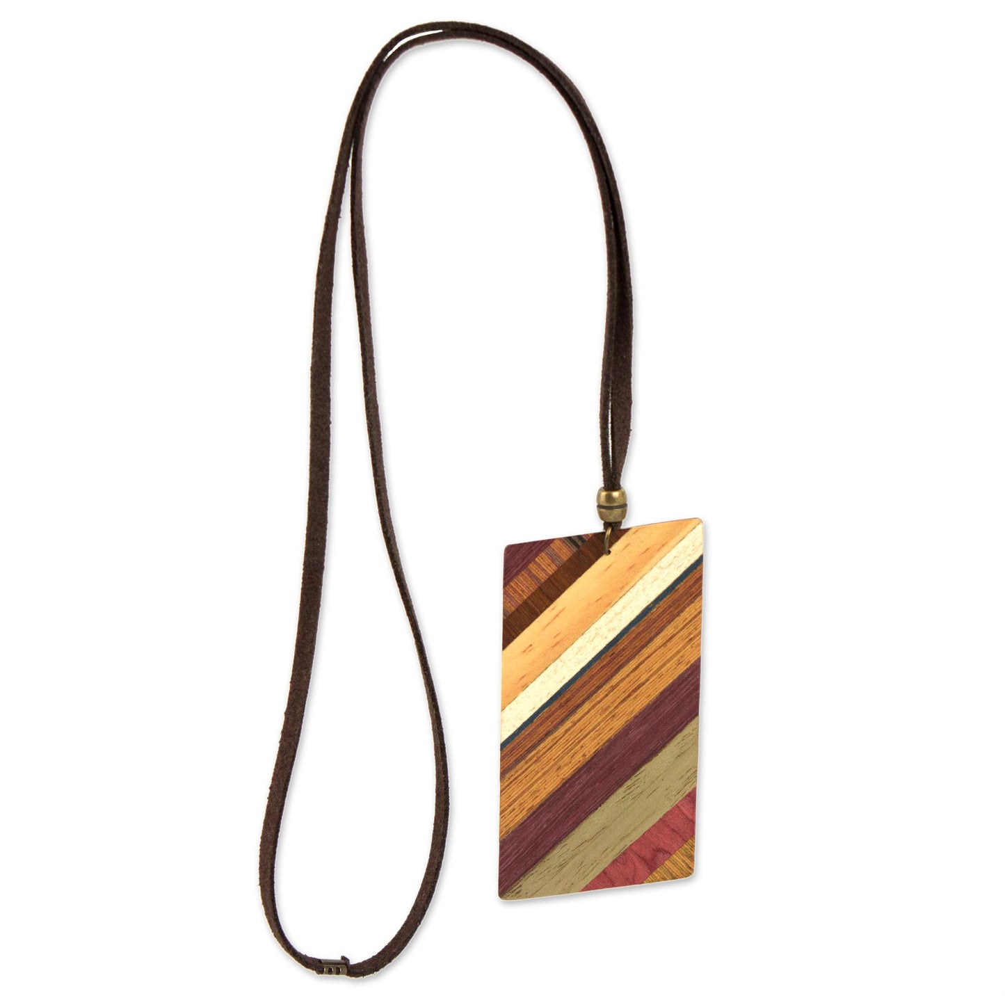 Distinguished Traveler Rectangular Wood Pendant Necklace by Brazilian Artisans