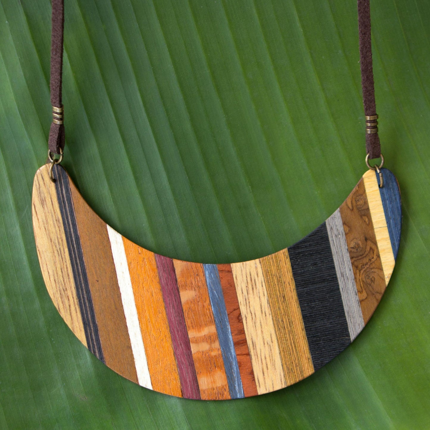 Striped Crescent Moon Crescent Shaped Wood Pendant Necklace from Brazil