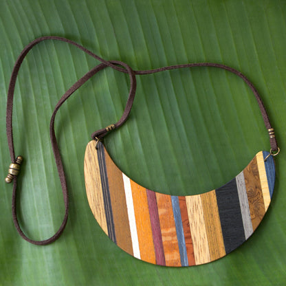 Striped Crescent Moon Crescent Shaped Wood Pendant Necklace from Brazil