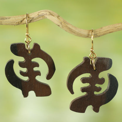 Elegant Gye Nyame Ebony Wood Adinkra Symbol Dangle Earrings from Ghana