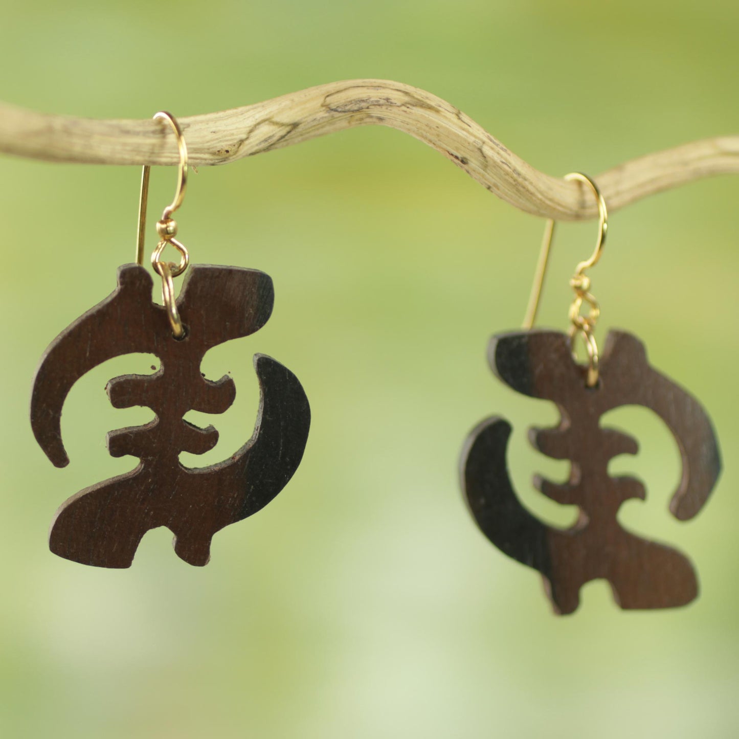 Elegant Gye Nyame Ebony Wood Adinkra Symbol Dangle Earrings from Ghana