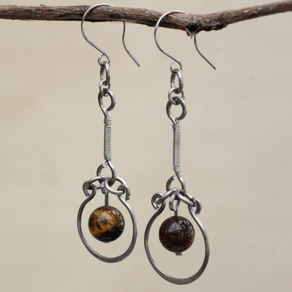 Balanced Nature Tiger's Eye and Stainless Steel Dangle Earrings from Brazil