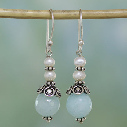 Crowning Glory Aqua Aventurine and Cultured Pearl Dangle Earrings