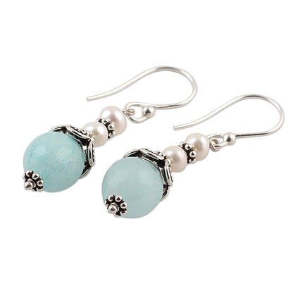 Crowning Glory Aqua Aventurine and Cultured Pearl Dangle Earrings