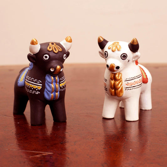 Little Bulls of Pucara Ornate Brown and White Andean Bull Figurines (Pair)