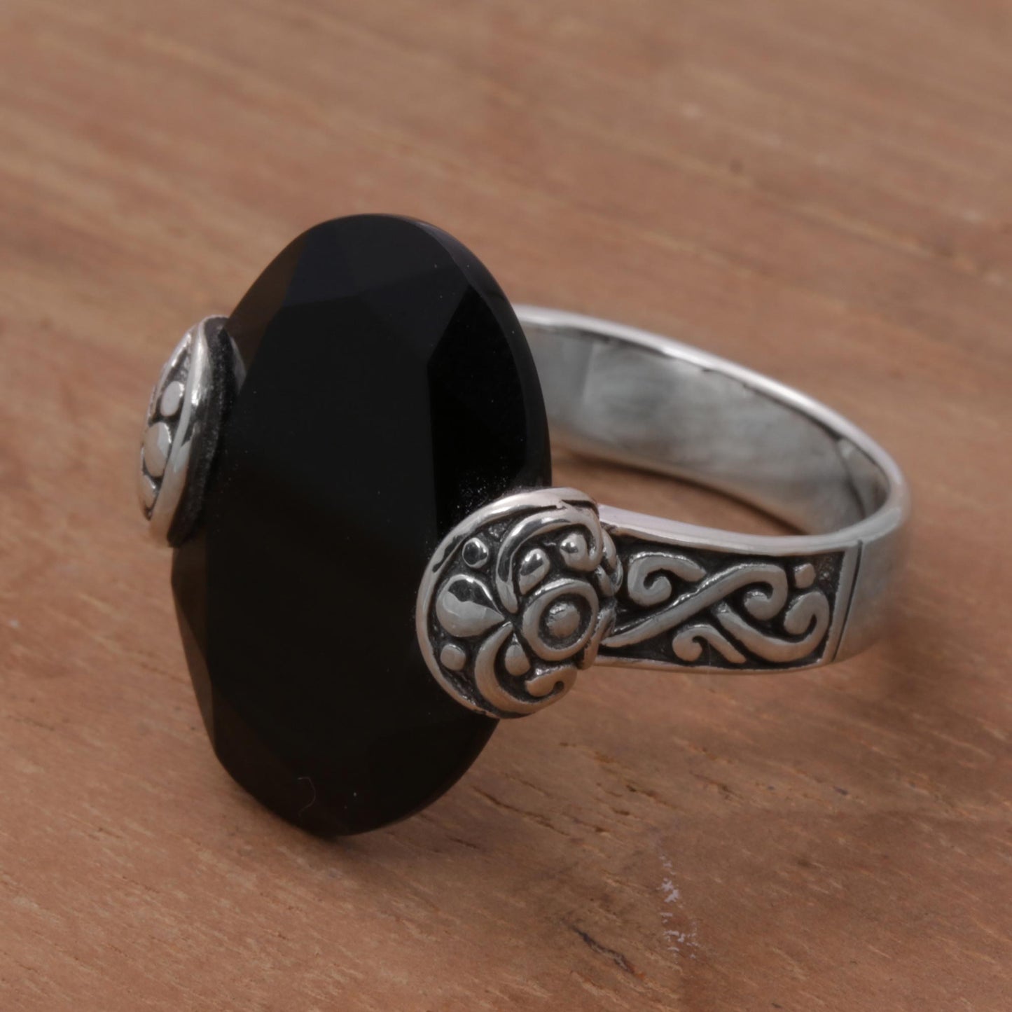 Mysterious Oval Oval Onyx and Sterling Silver Cocktail Ring from Bali