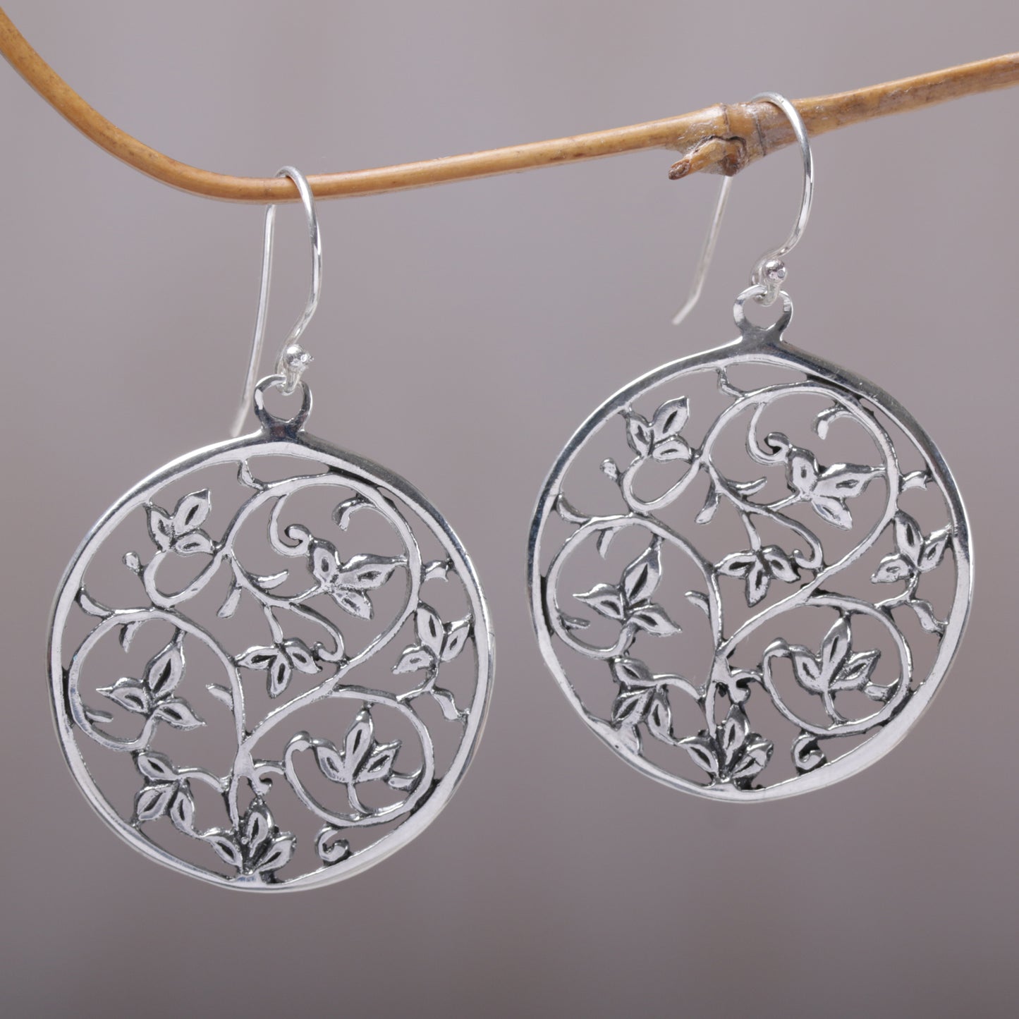 Vine Rings Sterling Silver Vine Motif Dangle Earrings from Bali