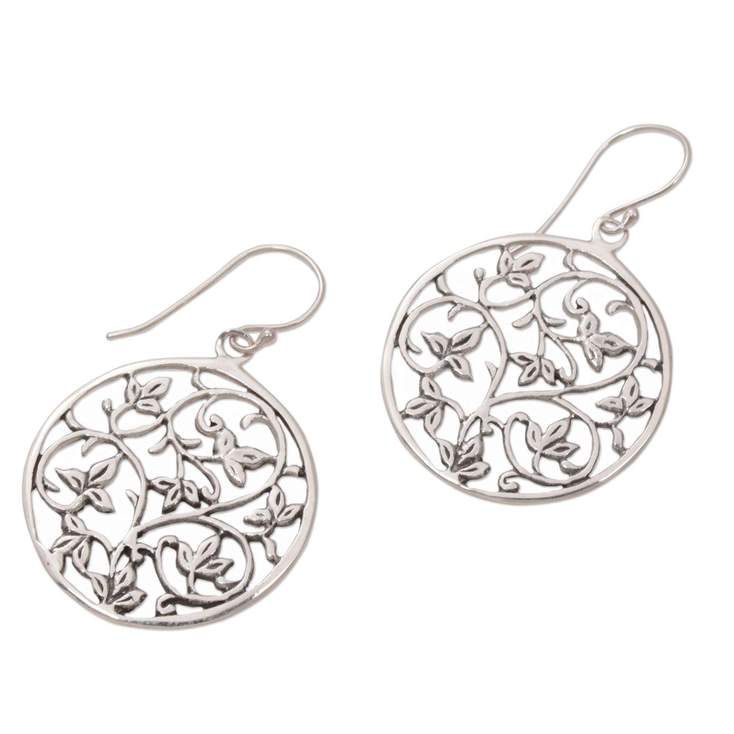 Vine Rings Sterling Silver Vine Motif Dangle Earrings from Bali