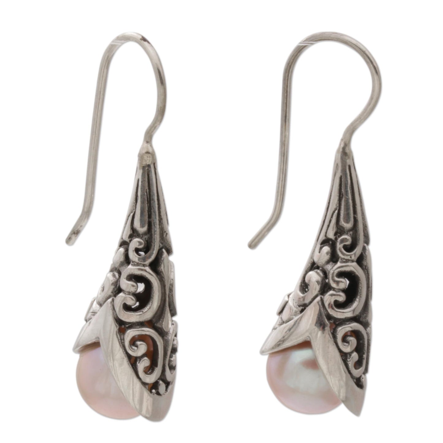 Emerging Beauty in Peach Cultured Pearl and Sterling Silver Drop Earrings from Bali