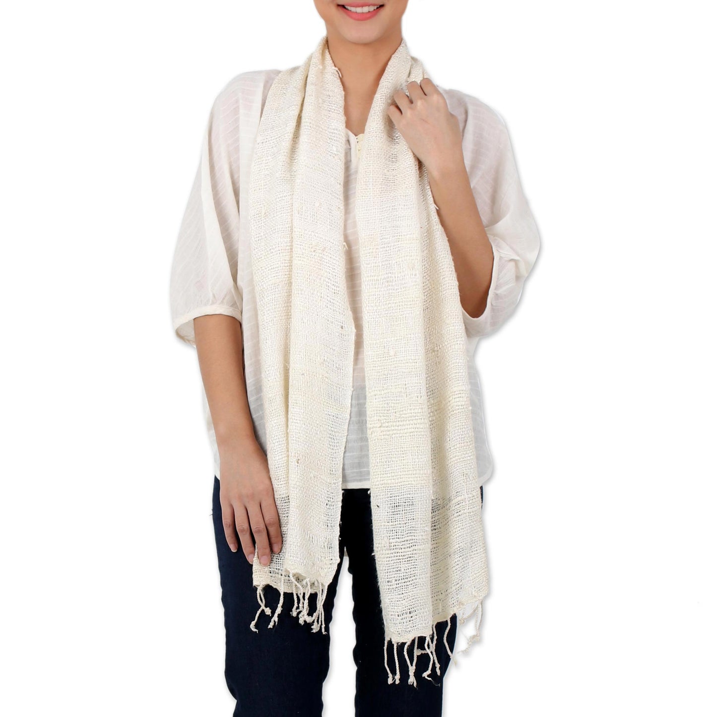 Afternoon Breeze Handwoven Fringed Silk Shawl in Ivory from Thailand