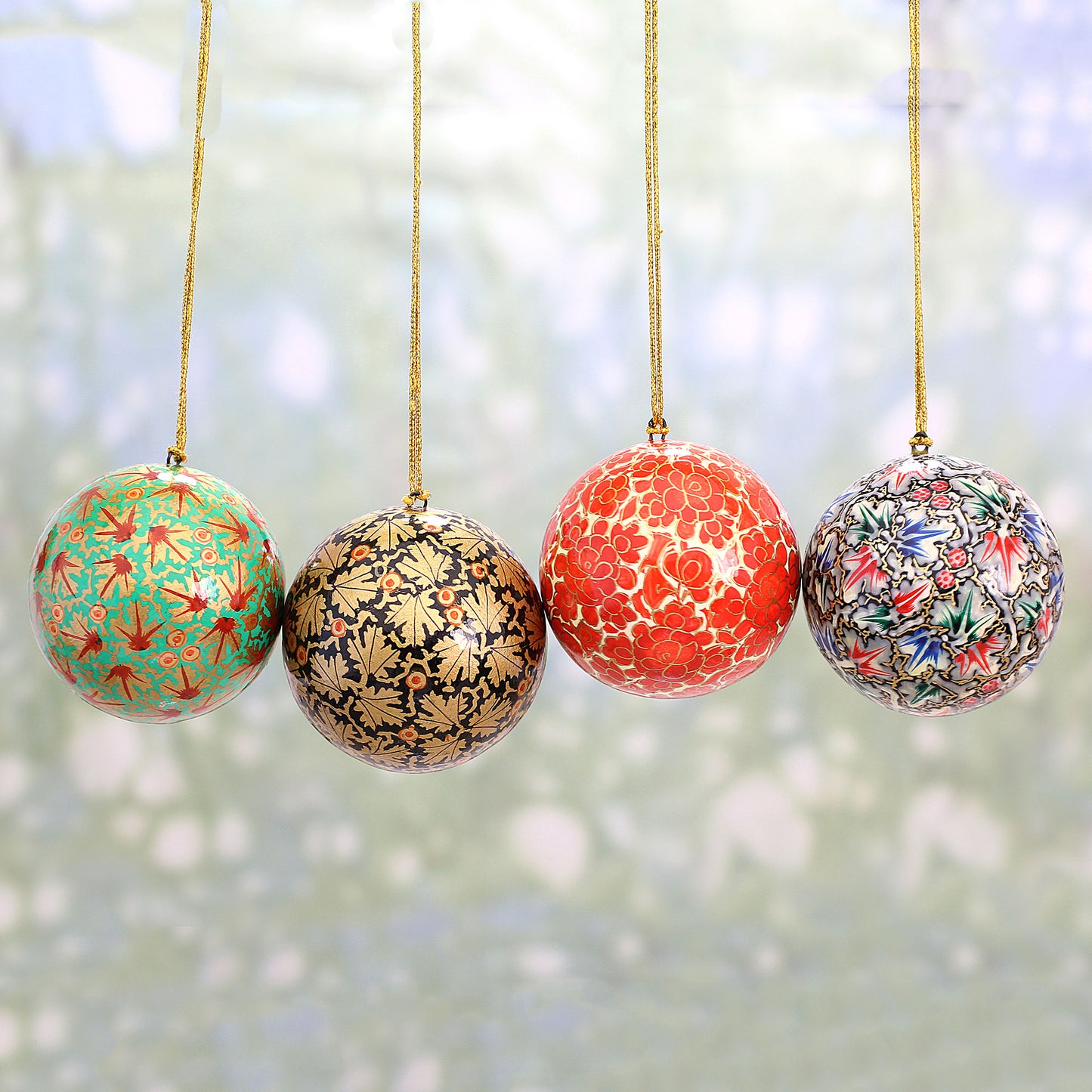 Alluring Baubles Set of Four Round Colorful Papier Mache Ornaments from India