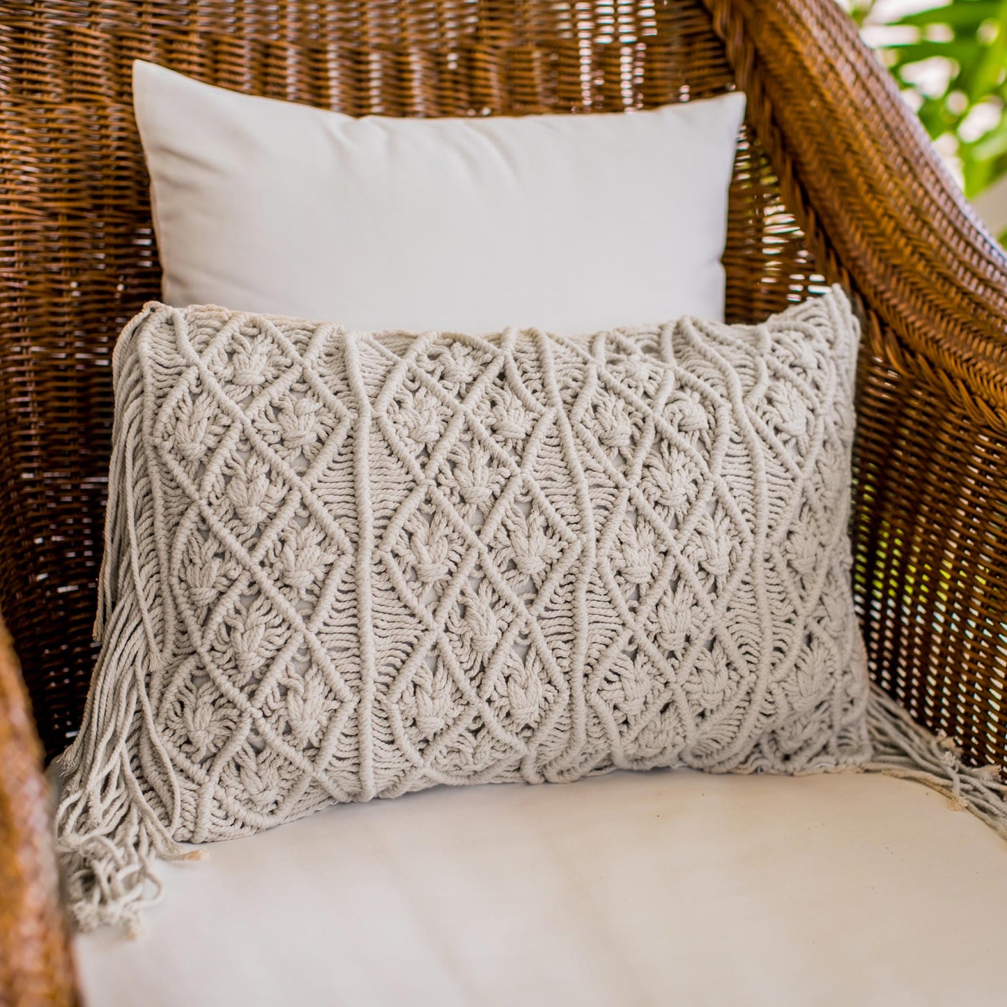 Beige Cotton Throw Pillow Cover 'Small Bali Weave'