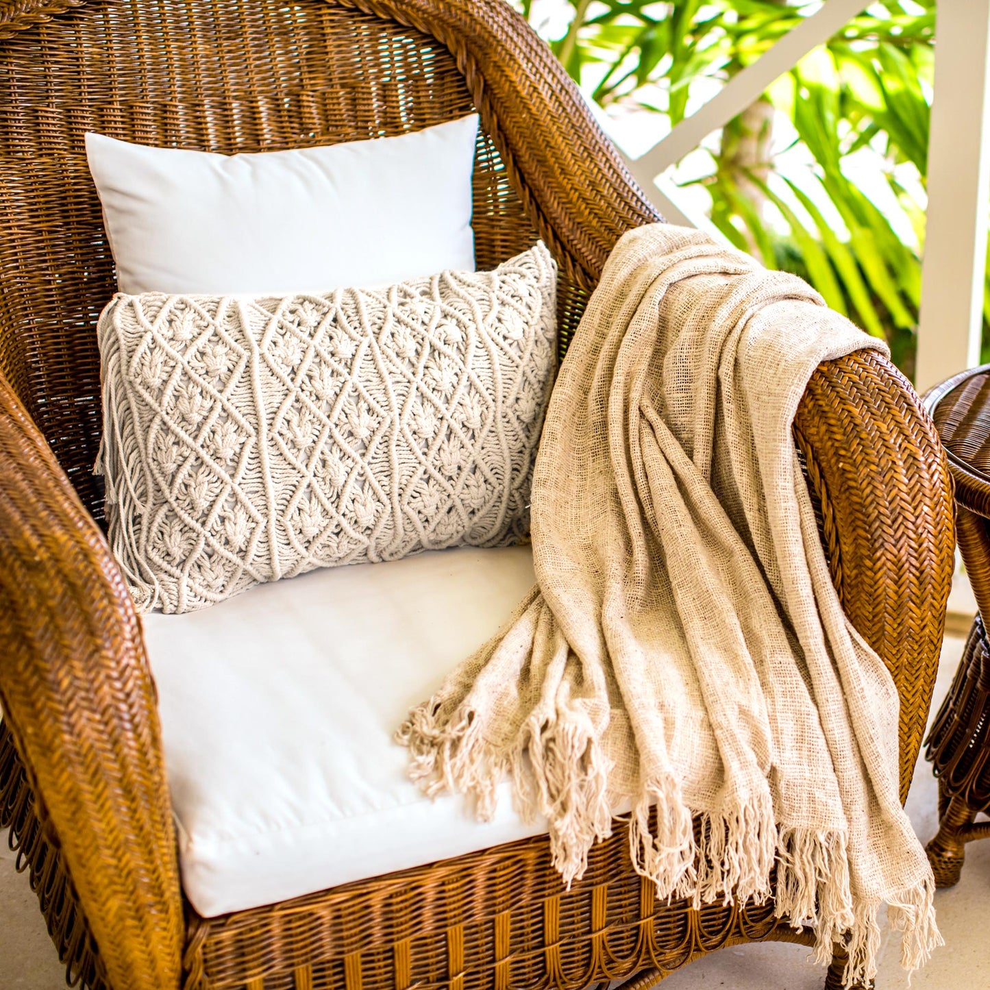 Beige Cotton Throw Pillow Cover 'Small Bali Weave'