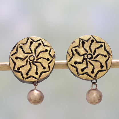 Golden Floral Gold Tone Floral Ceramic Dangle Earrings by Indian Artisans