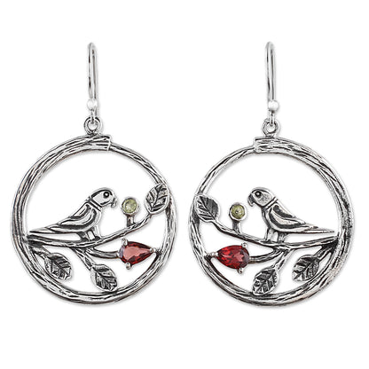 Parrot Song Garnet and Peridot Parrot Dangle Earrings from India