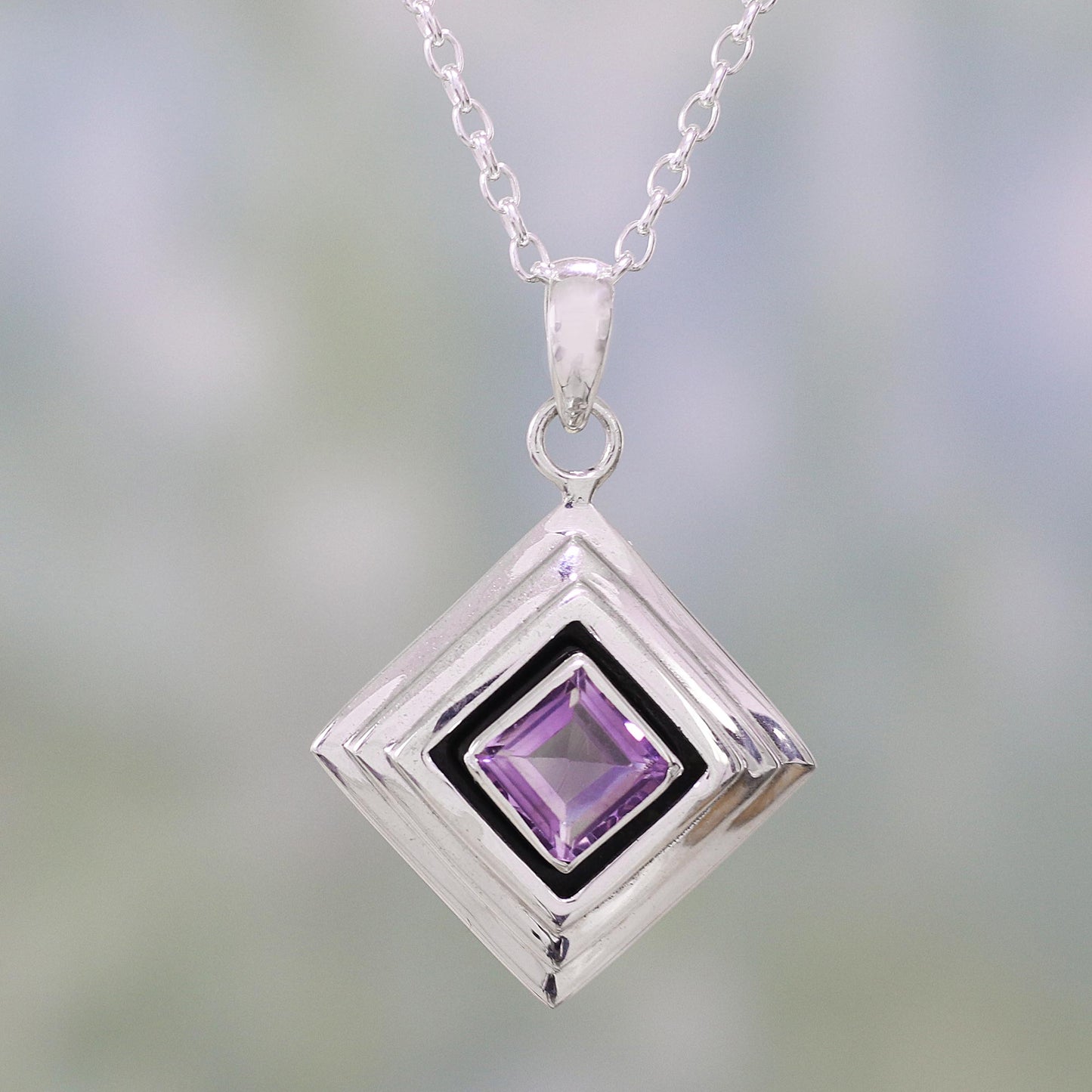 Feminine Purple Amethyst and Sterling Silver Modern Necklace from India