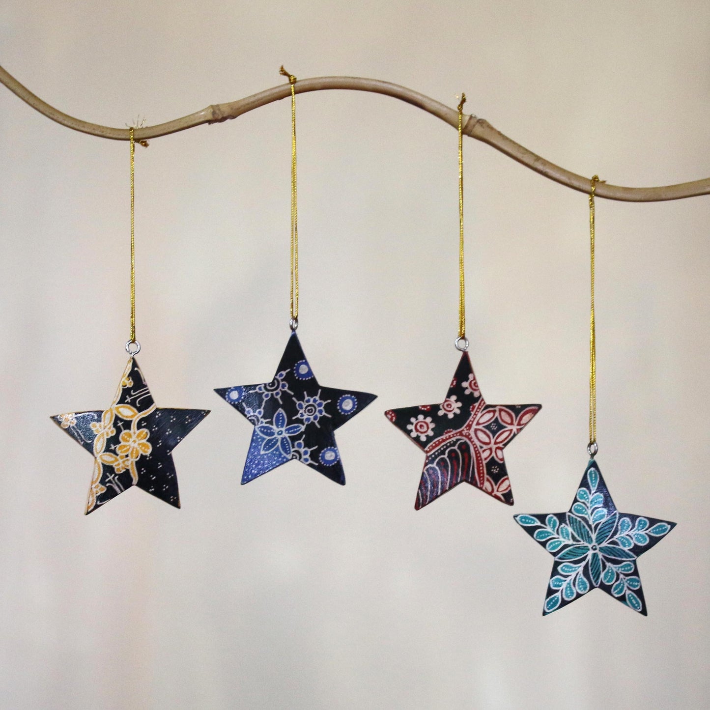 Bali Stars Four Batik Wood Star Ornaments by Balinese Artisans