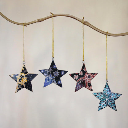 Bali Stars Four Batik Wood Star Ornaments by Balinese Artisans