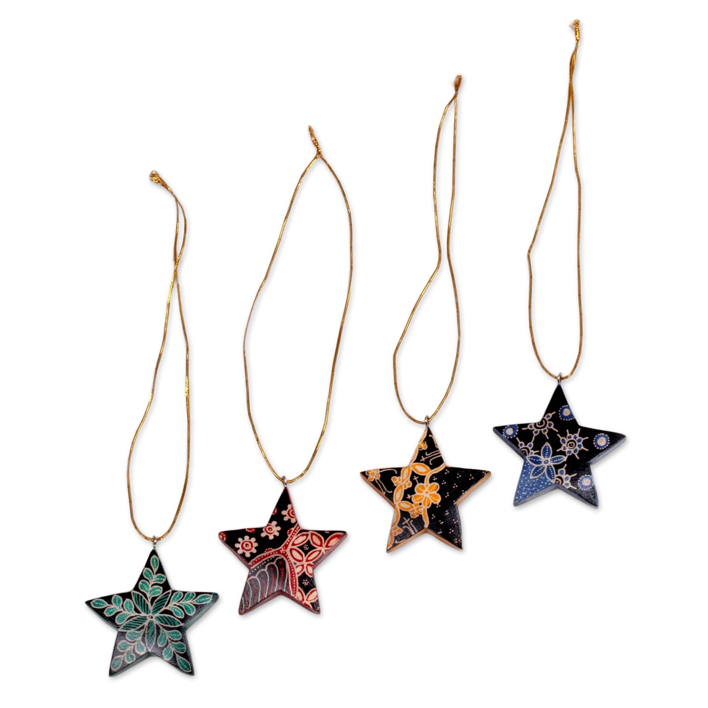 Bali Stars Four Batik Wood Star Ornaments by Balinese Artisans