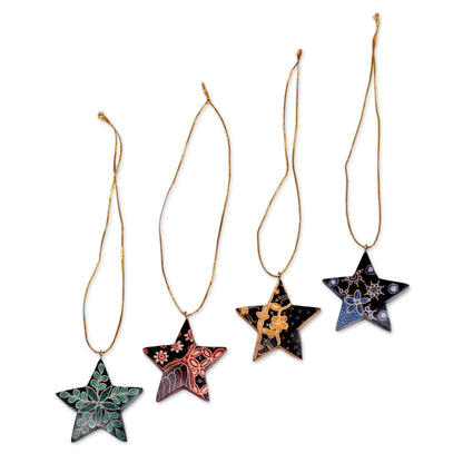 Bali Stars Four Batik Wood Star Ornaments by Balinese Artisans