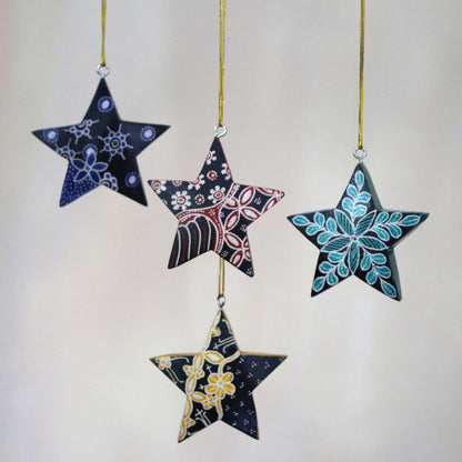 Bali Stars Four Batik Wood Star Ornaments by Balinese Artisans