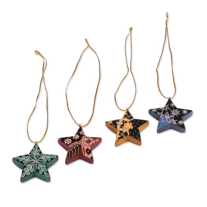 Bali Stars Four Batik Wood Star Ornaments by Balinese Artisans