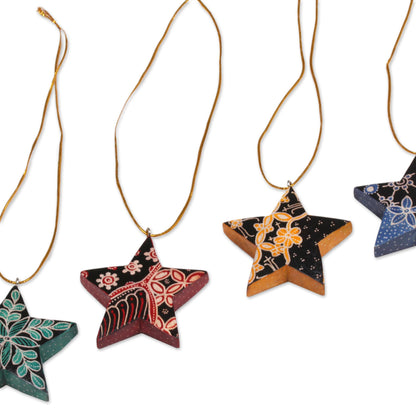 Bali Stars Four Batik Wood Star Ornaments by Balinese Artisans