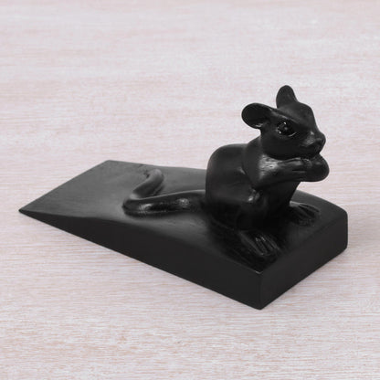 Charming Mouse in Black Hand Carved Suar Wood Mouse Door Stopper in Black from Bali